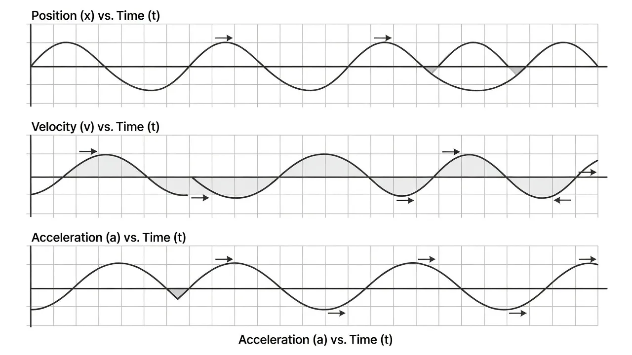Graphs showing position, velocity, and acceleration curves over time in simple harmonic motion.