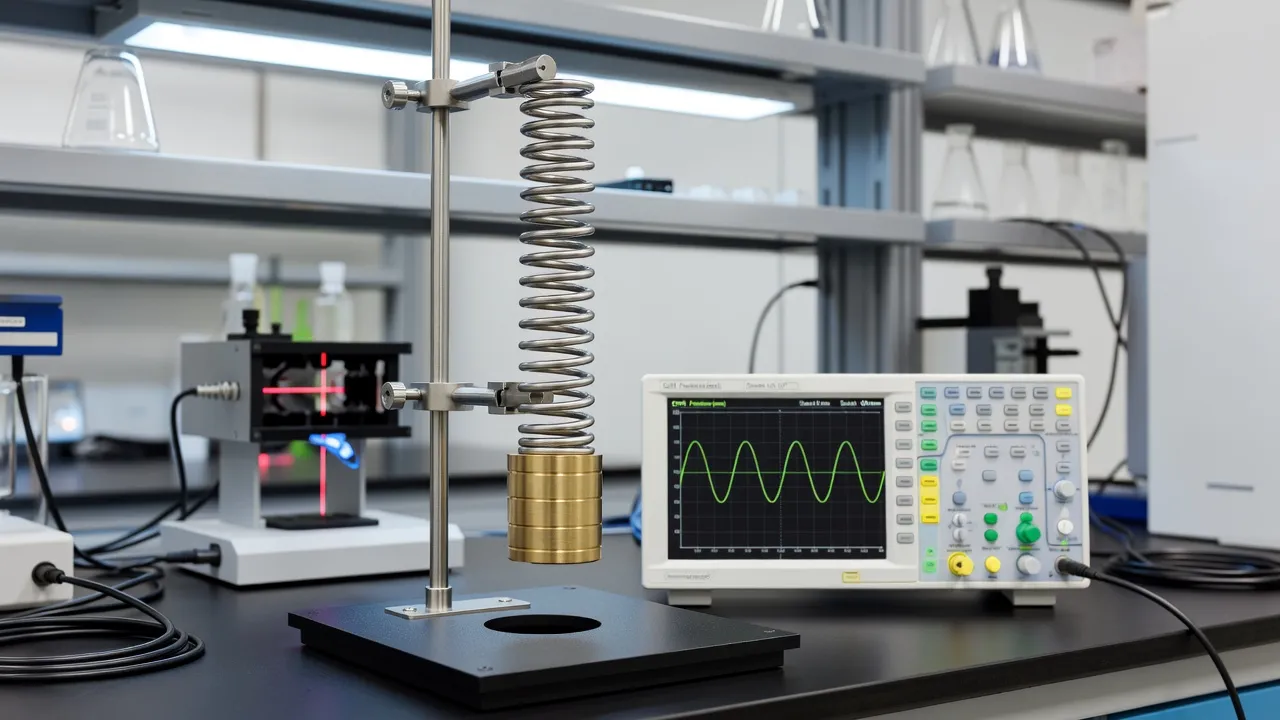 Simple harmonic motion experiment with a mass-spring system and corresponding position time wave graph on a display screen.