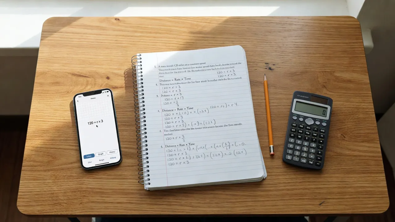 A desk setup showing handwritten math word problem steps alongside a pencil, calculator, and smartphone app.