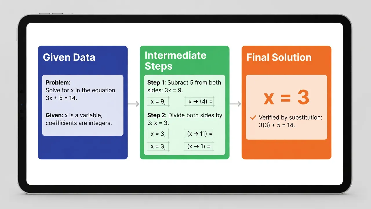 A tablet showing a multi-step math word problem split into color-coded solution blocks.