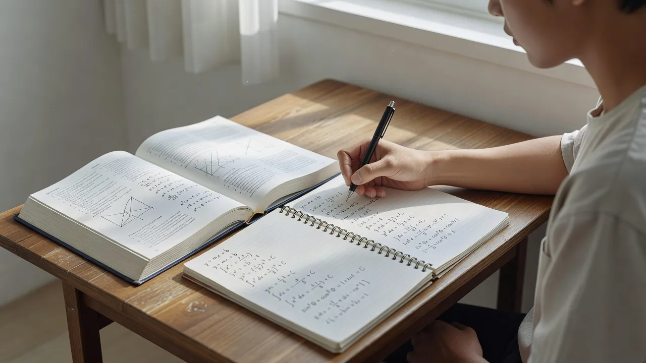 A student writing down algebra word problem steps in a notebook with a phone math scanner nearby.
