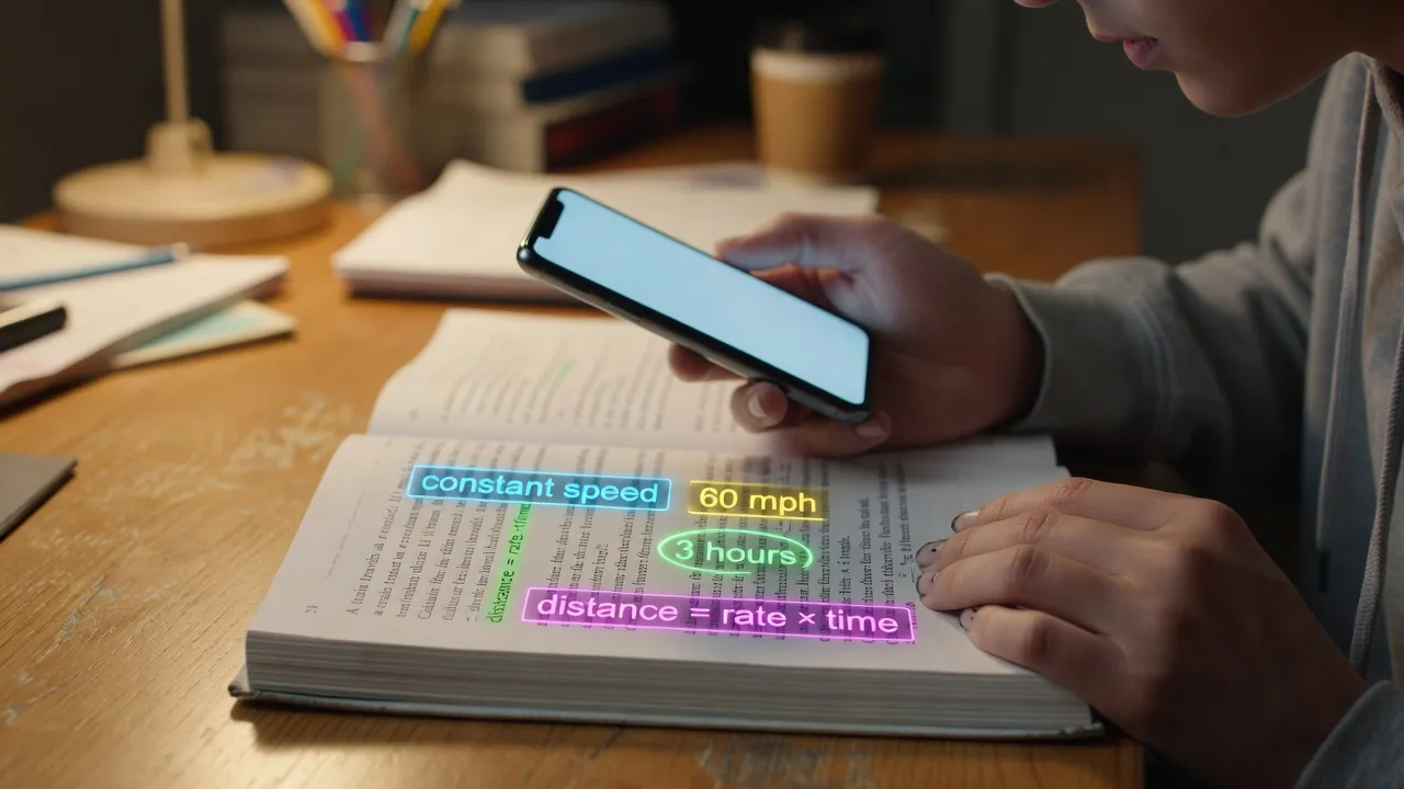 Smartphone camera scanning a written algebra word problem on paper using camera OCR.