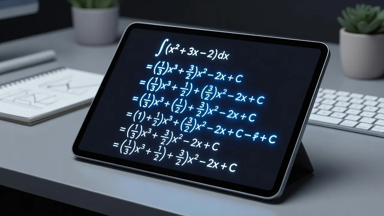 Digital tablet display showing a line-by-line mathematical integration step-by-step solution.