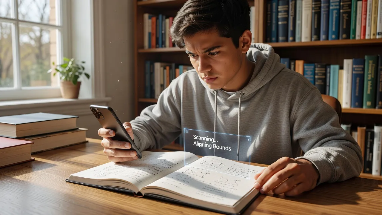 Smartphone scanning a handwritten physics assignment to generate automated step-by-step explanations.