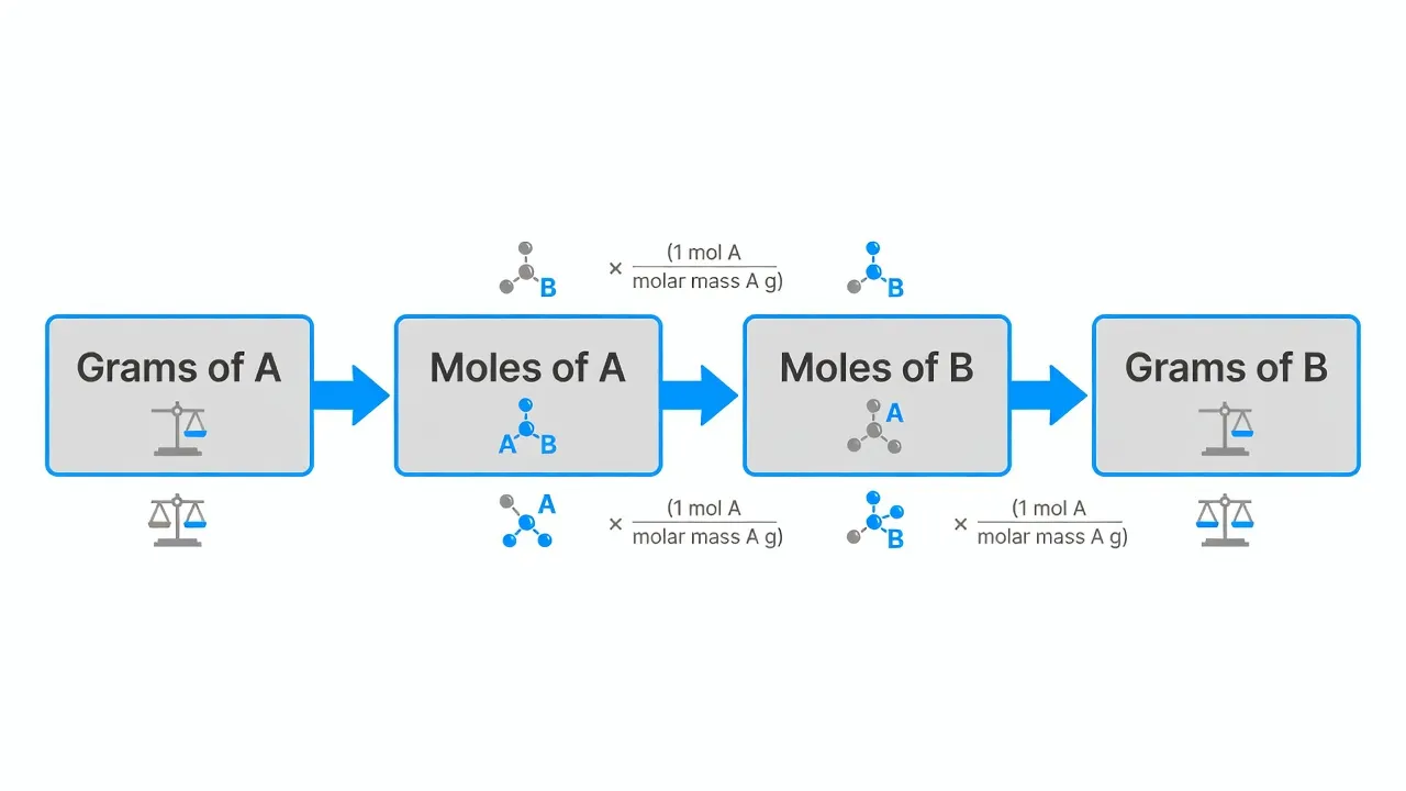 Dimensional analysis flowchart mapping out mass-to-mass stoichiometry practice problem steps.