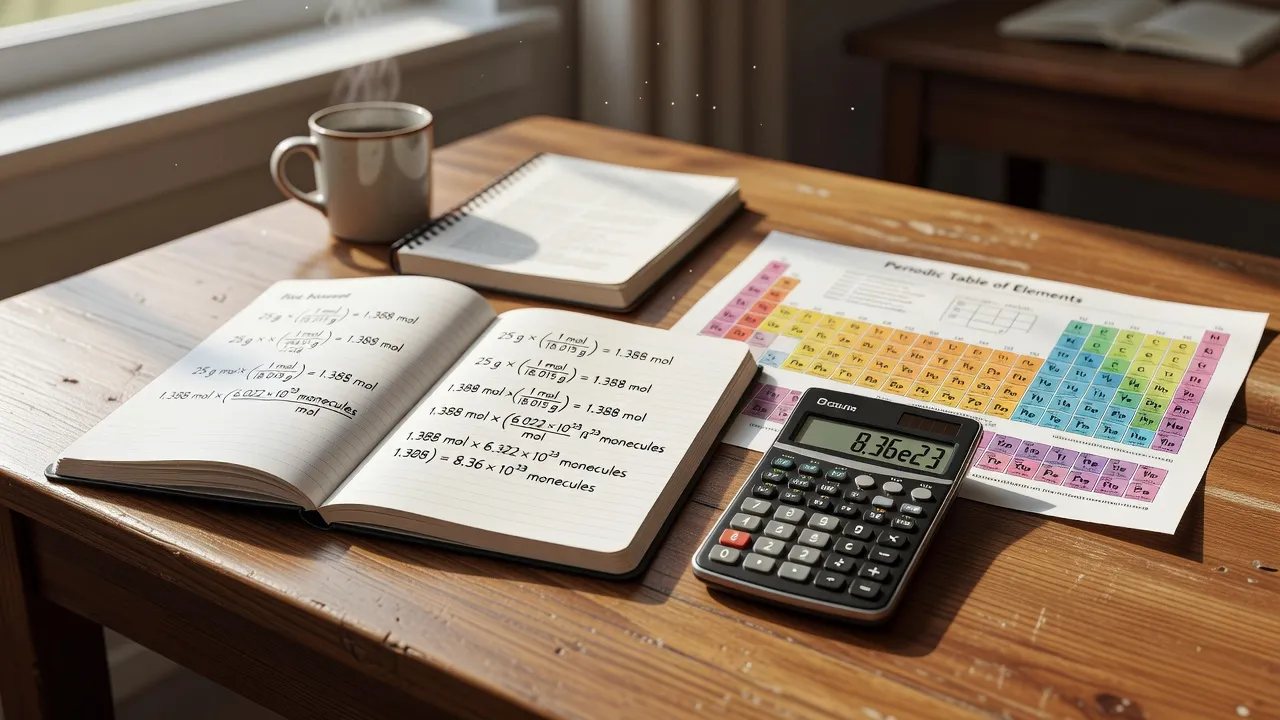Student solving chemistry stoichiometry practice problems on paper with periodic table and calculator
