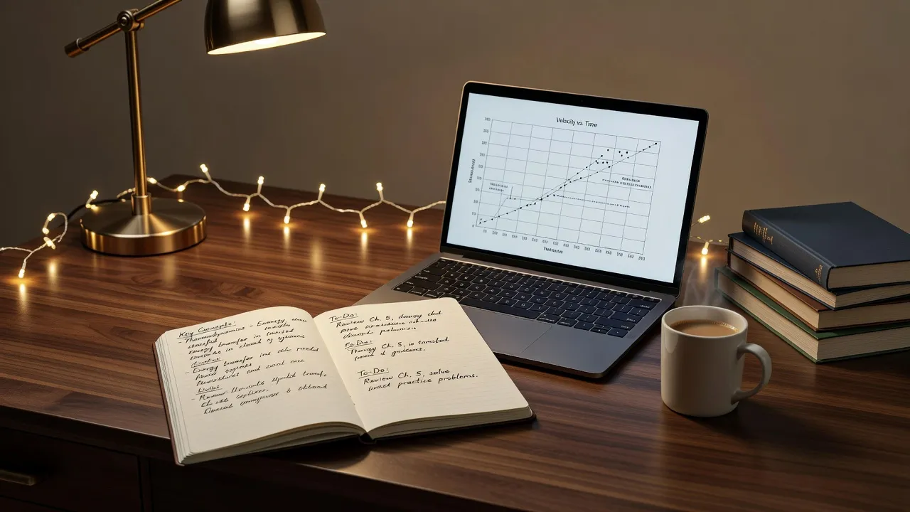 Open notebook with handwritten list of study terms and synonyms for procrastination beside a smartphone.