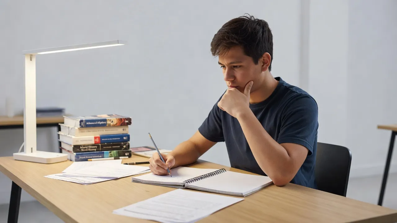 High school student experiencing procrastination while sitting at a desk with textbooks.