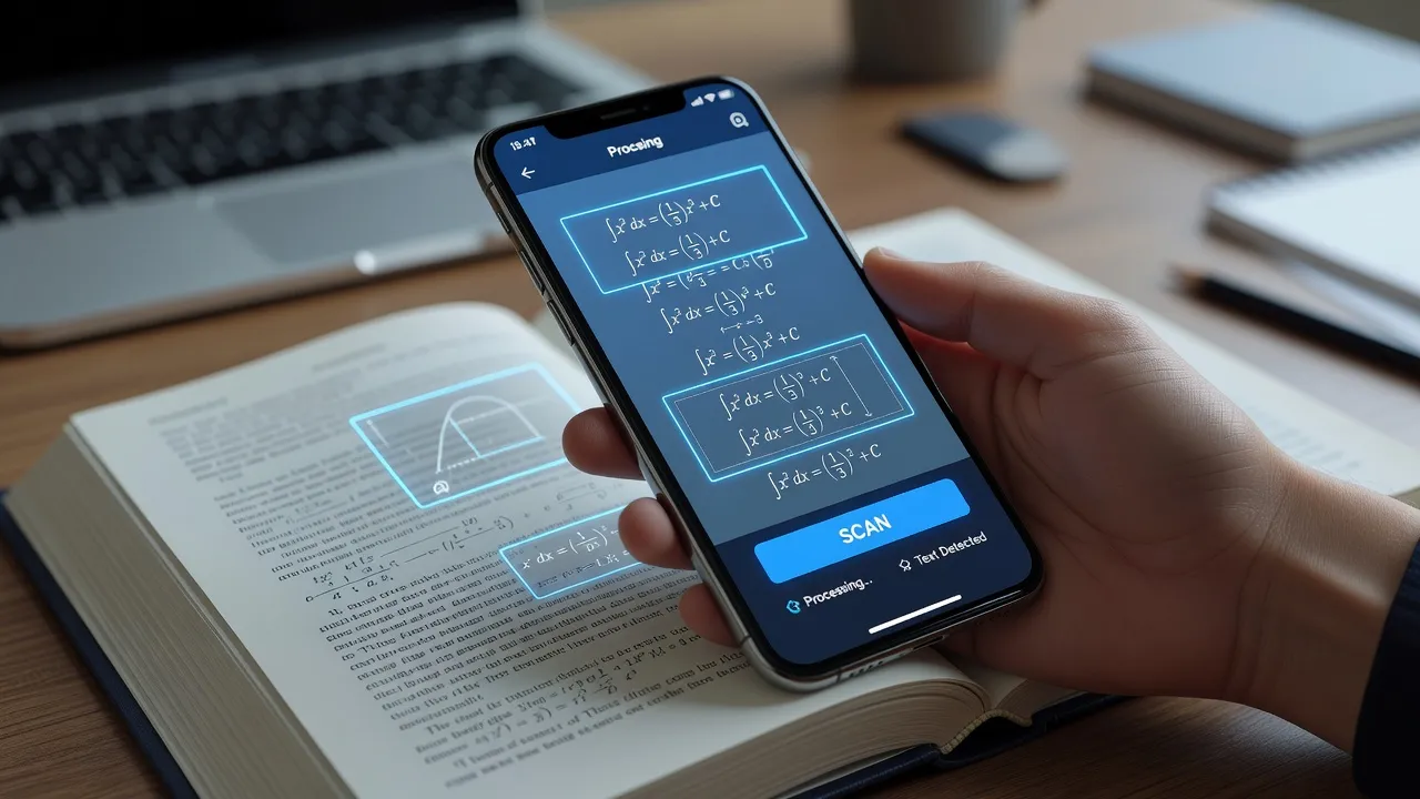 Mobile app interface scanning a textbook problem to generate step-by-step explanations.