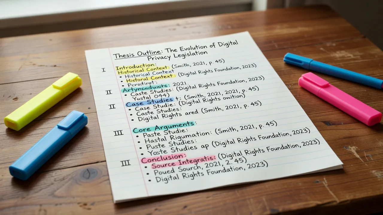 Handwritten outline showing local and global synthesis strategy for an academic paper.