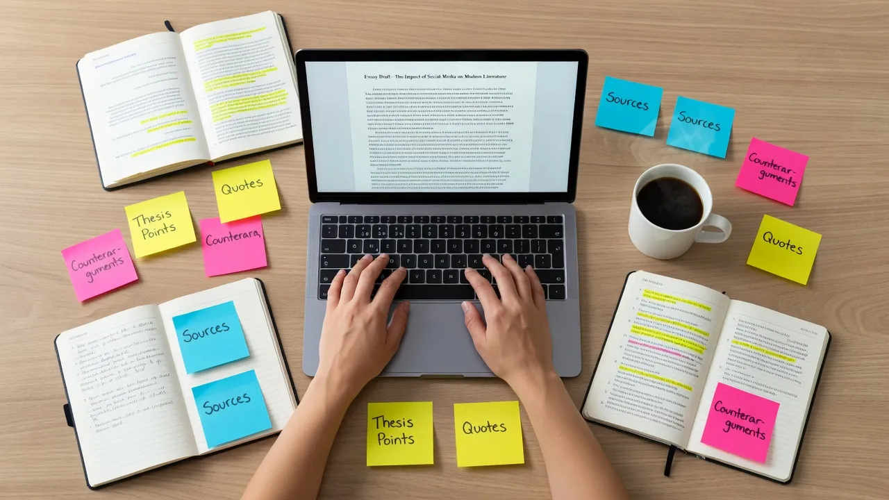 Overhead view of a student writing a structured synthesis essay with organized notes.