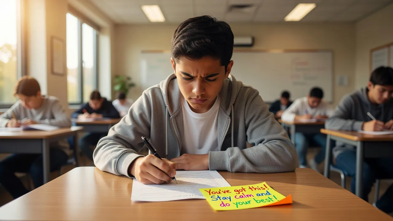 Student taking an exam confidently at a desk with an encouraging sticky note attached to their test paper.