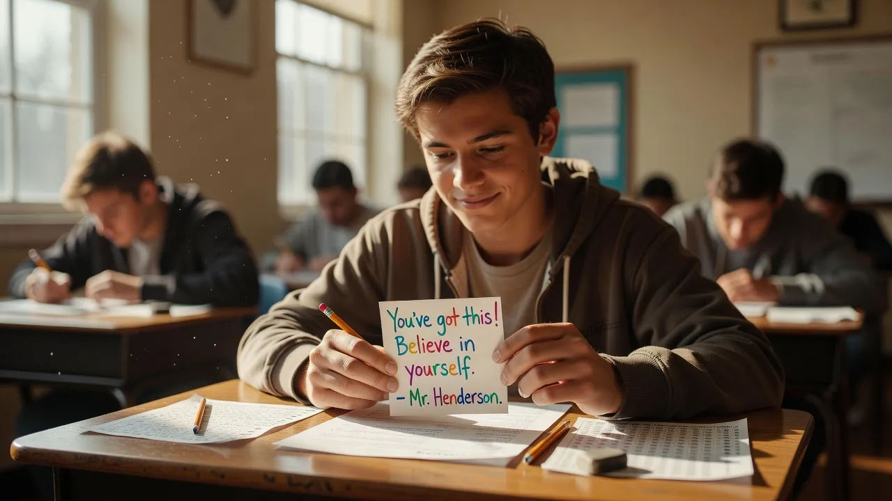 High school student reading an encouraging desk note before taking an exam in a sunny classroom.
