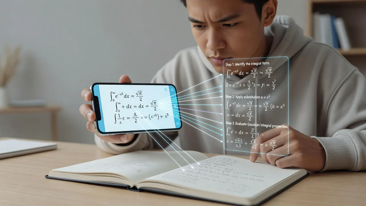 Student using ThinkAssist mobile app to photograph and solve an exam prep problem step by step.