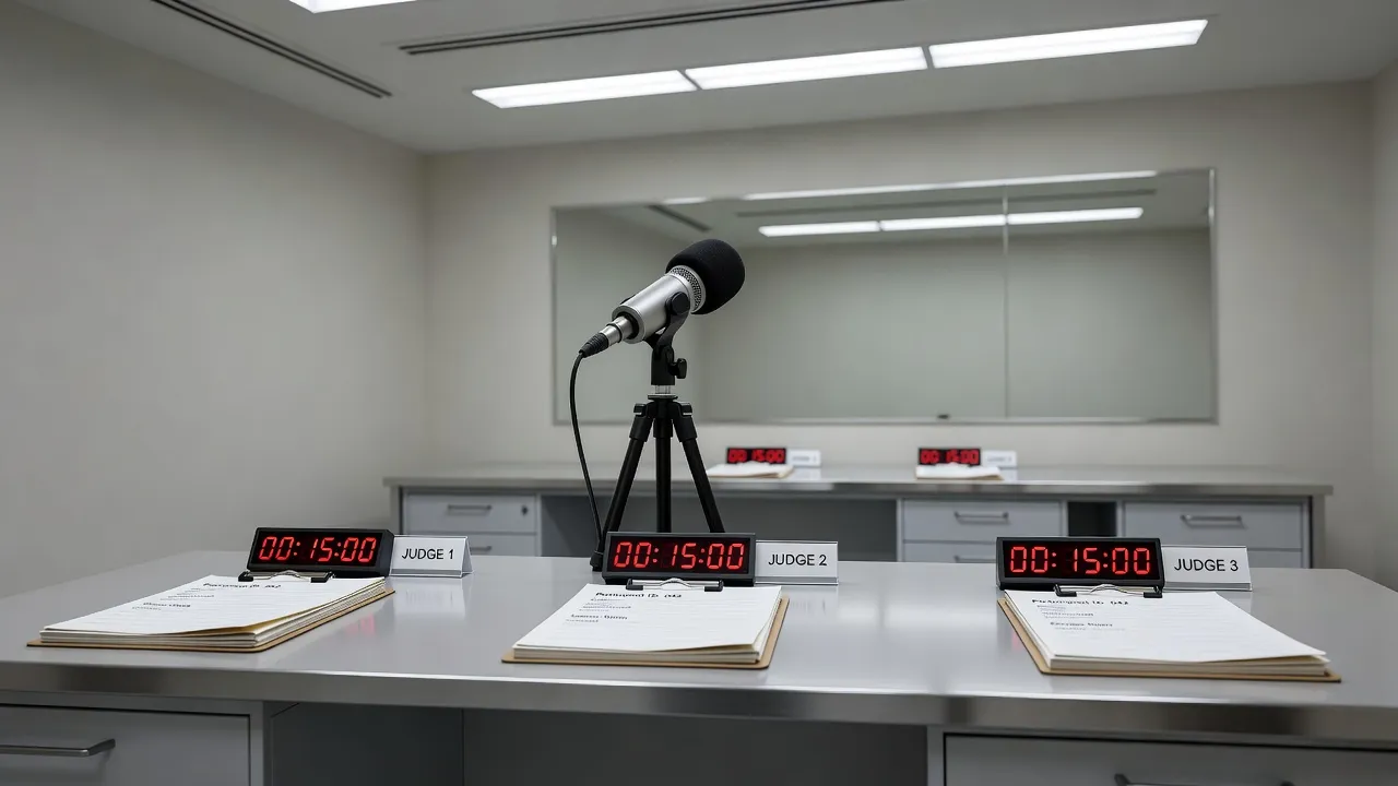 A clinical psychology laboratory set up for the Trier Social Stress Test with a speaker microphone and evaluation desk.