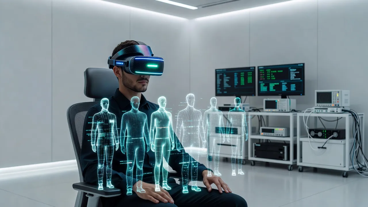 Participant undergoing Virtual Reality Trier Social Stress Test (TSST-V) using a VR headset in a clinical laboratory.