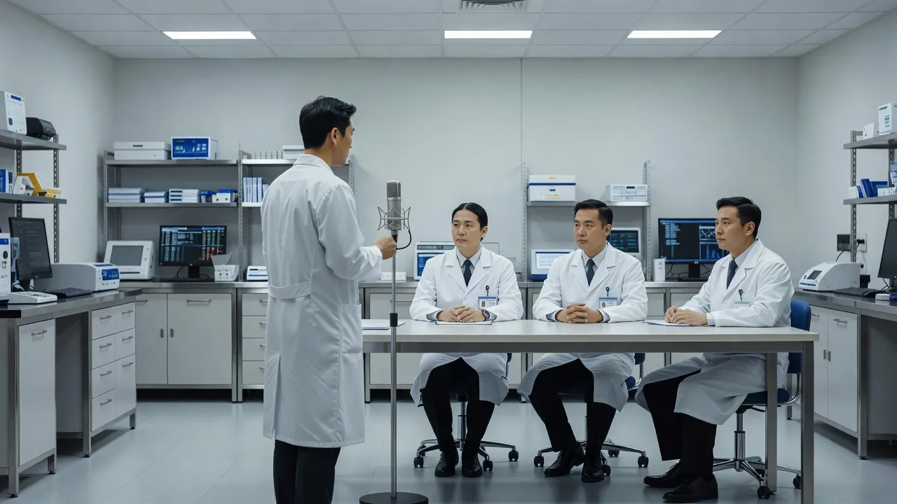 Trier Social Stress Test setup with a subject speaking to an impassive evaluation panel in a laboratory setting.
