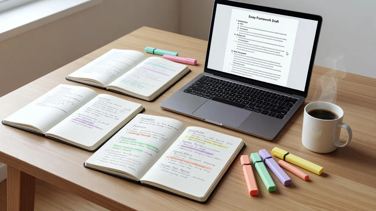 Clean study desk with notebooks and computer screen outlining the four main types of writing.