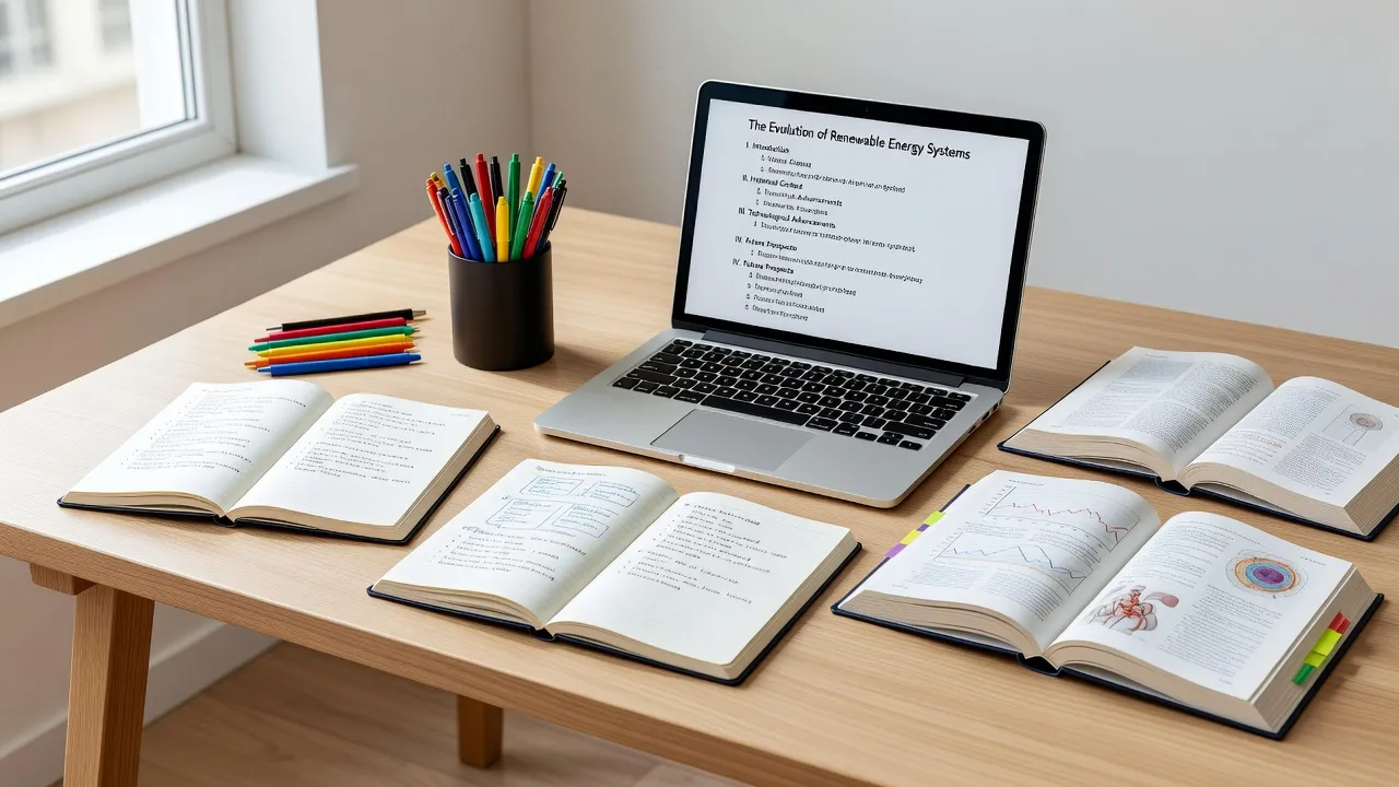 Organized desktop showing essay outlines and notebooks categorized by different types of writing.