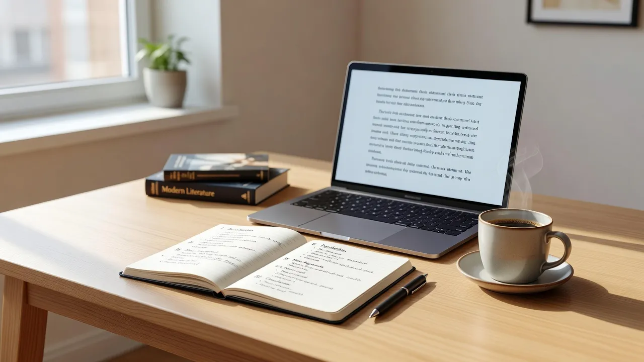 A student reviewing an organized essay outline and notes at a wooden desk with a laptop.