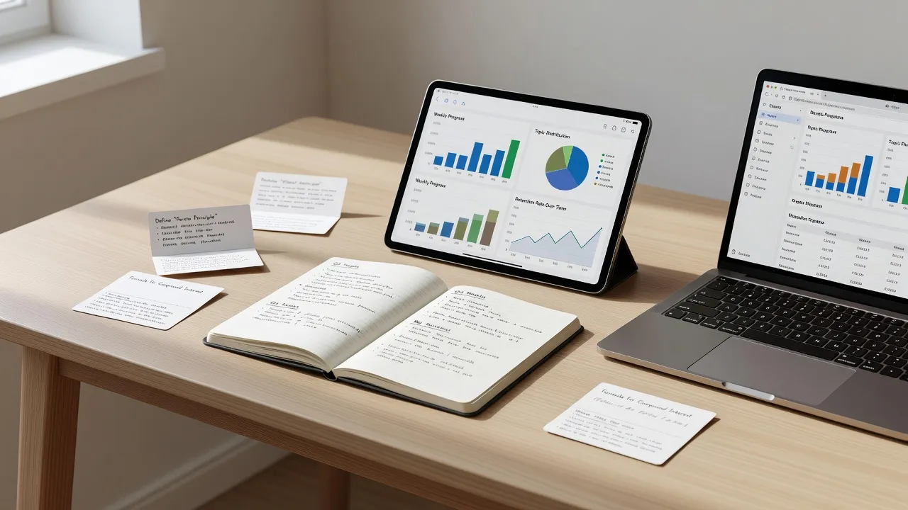 Concept illustration of self study featuring books, digital tablet tools, and structured active recall flashcards.
