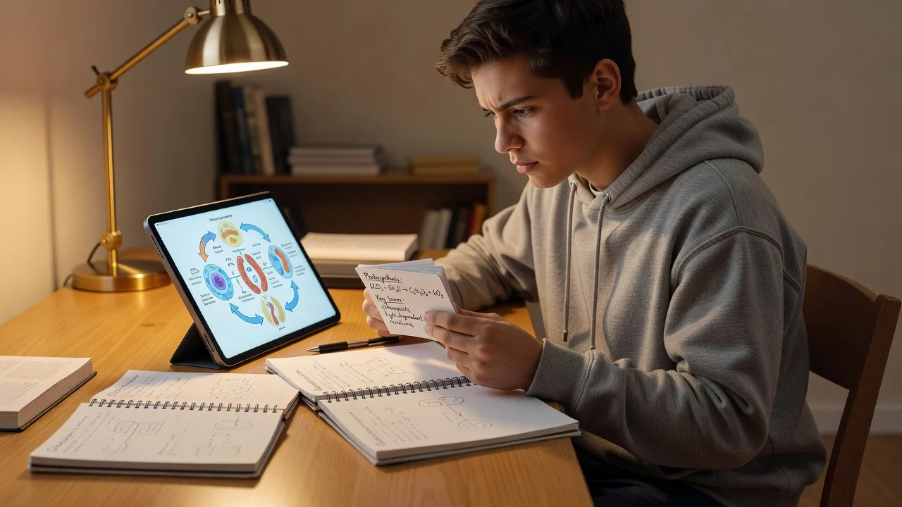 Student using active recall flashcards and tablet notes for effective self-study.