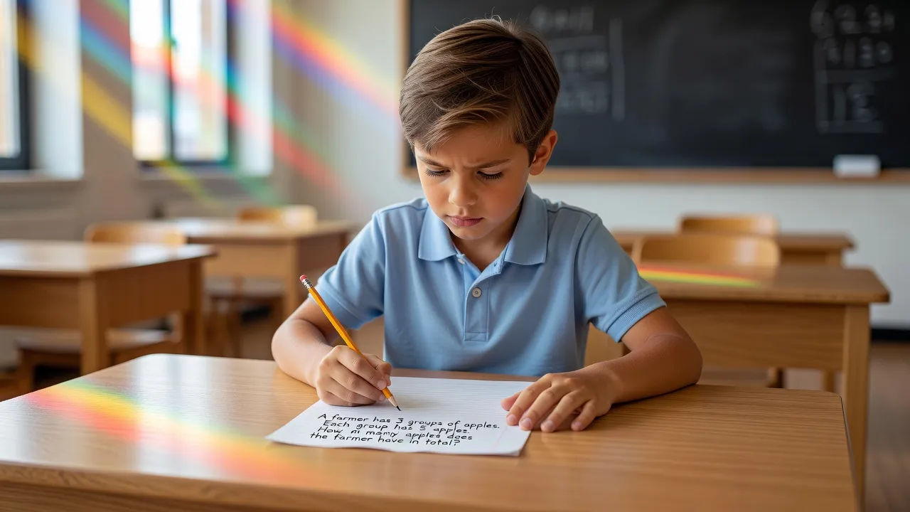 Elementary student working on multiplication word problems at a desk.