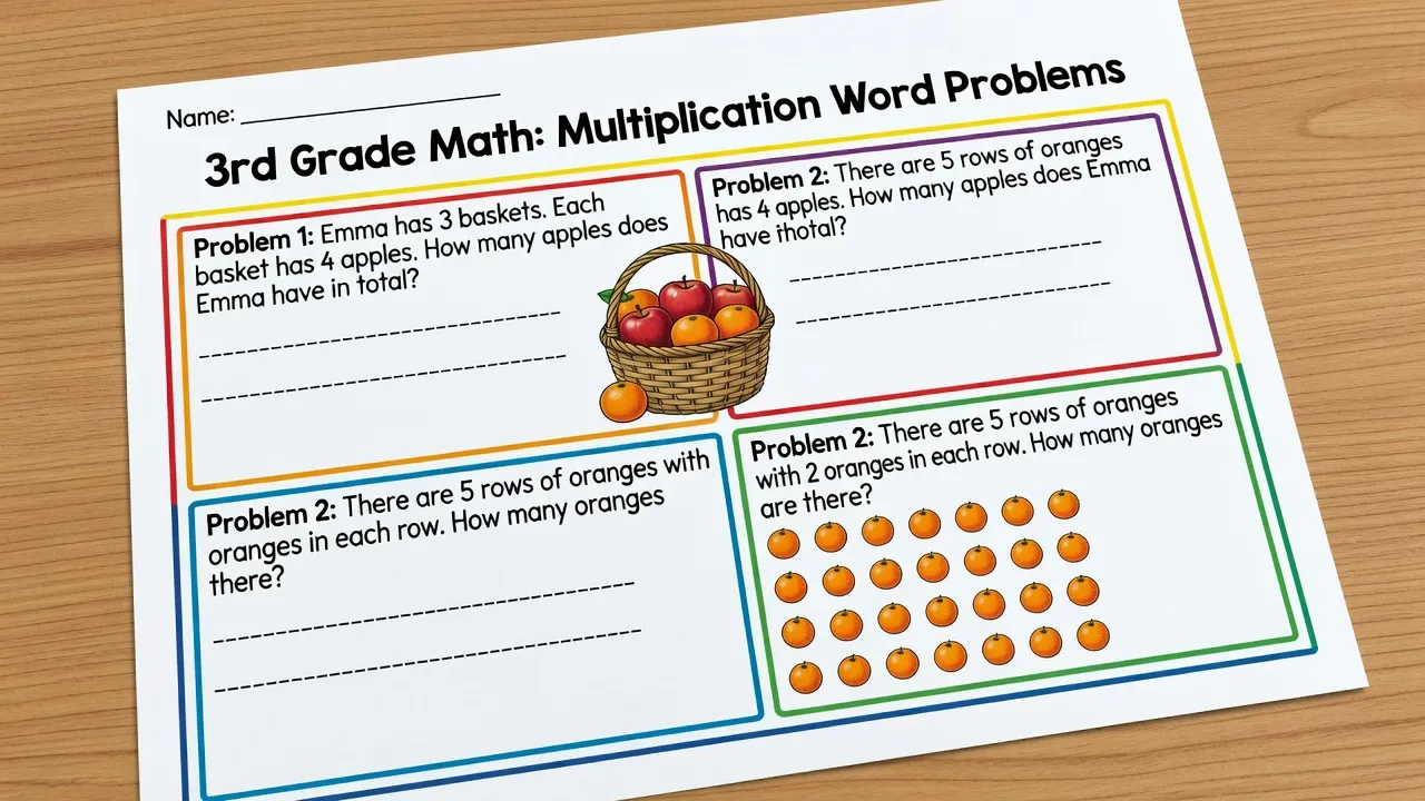 Sample printable multiplication word problem worksheet with visual illustrations.
