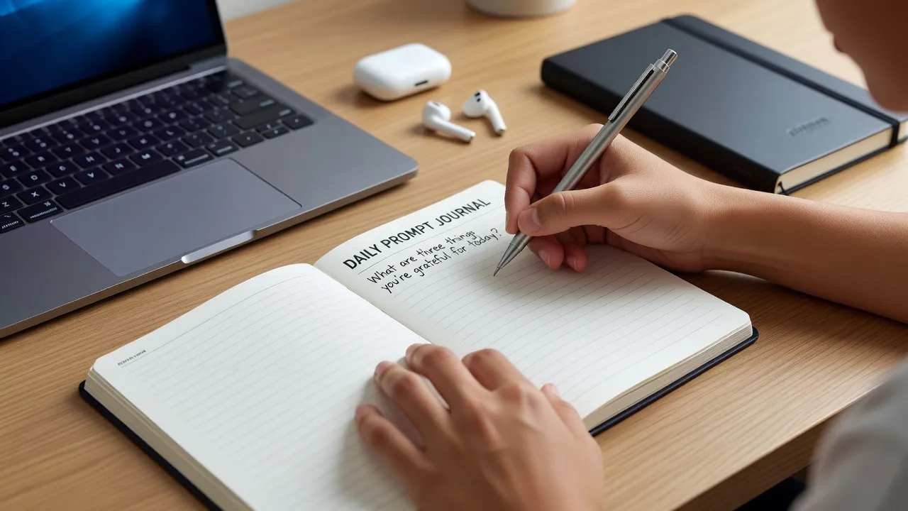 Close-up of a student completing a prompt exercise in a physical writing journal.