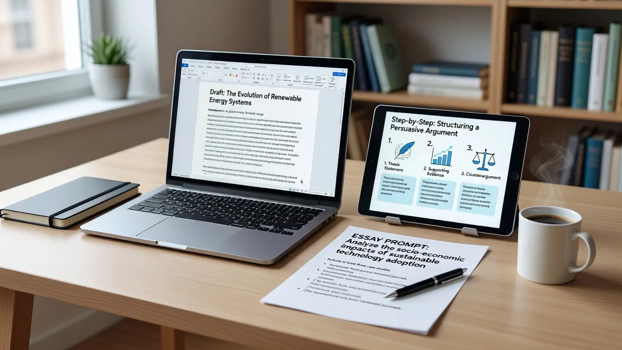 Desk layout showing an essay draft on a computer alongside structured writing exercise sheets.