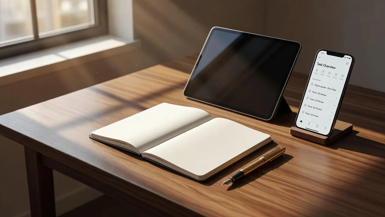 A peaceful study workspace with a writing journal, pen, laptop, and smartphone displaying a digital study assistant.