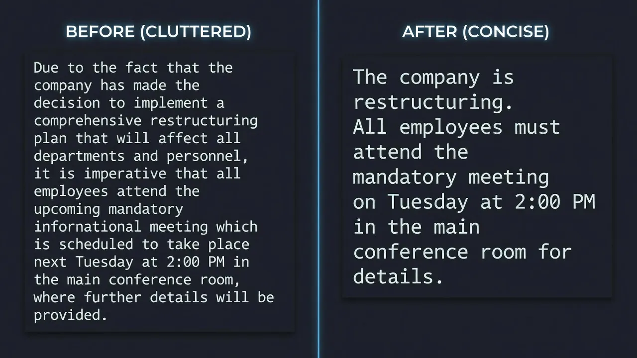 Sentence editing comparison visual demonstrating active voice conversion.