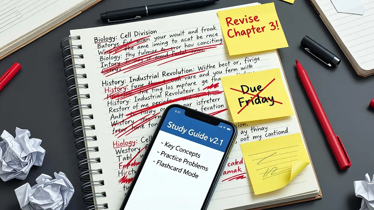 Student revision workflow with paper edits and digital study apps.